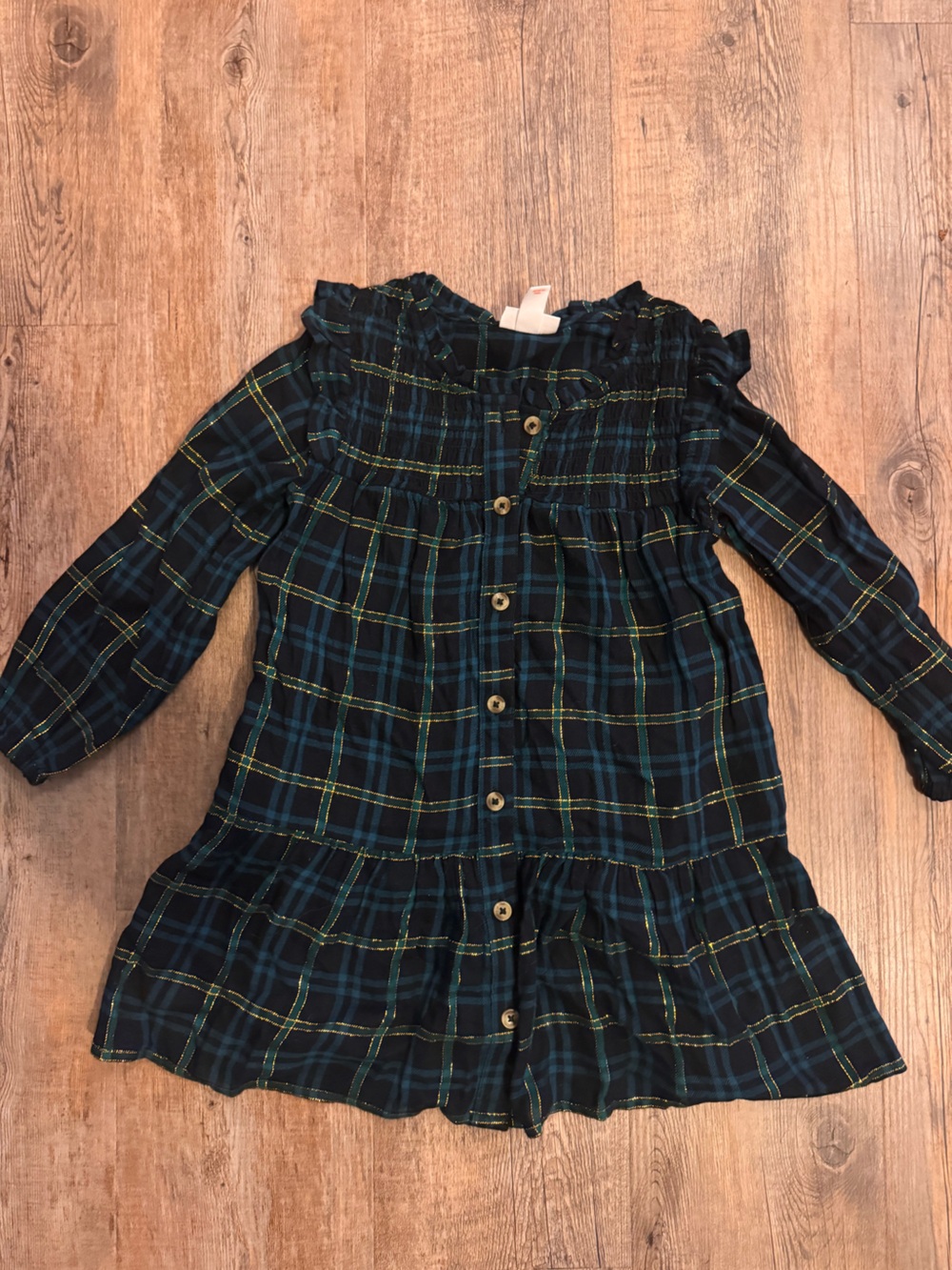 Cat & Jack Girls Navy & Green Plaid Long-Sleeve Ruffle Dress - size XS
